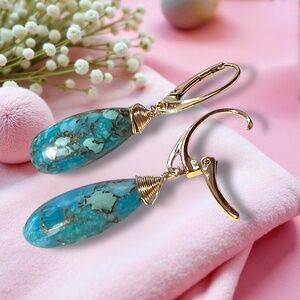 Natural Turquoise Earrings 14K Yellow Gold Filled, December Birthstone, 11th Ann